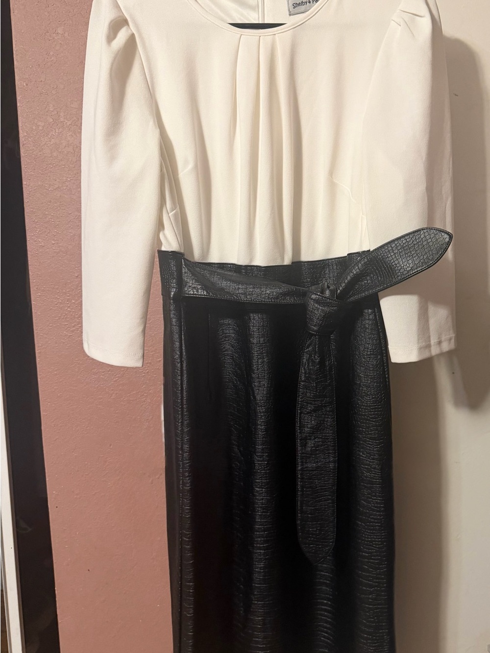 Shelby & Palmer White and Black Faux-Leather Belted Midi Dress